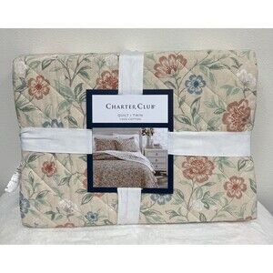 Charter Club Garden Floral TWIN Cotton Quilt Tan